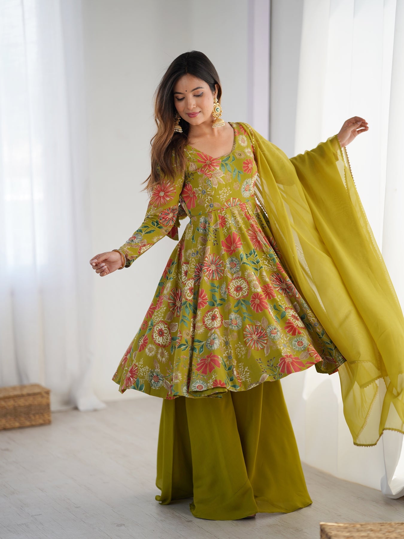 Designer Olive Green Floral Printed Peplum Kurti Sharara Set with Dupatta for Women | Festive & Party Wear by Jagraa