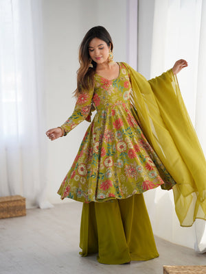 Designer Olive Green Floral Printed Peplum Kurti Sharara Set with Dupatta for Women | Festive & Party Wear by Jagraa