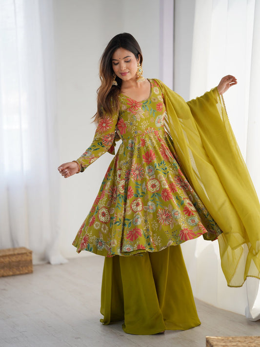 Designer Olive Green Floral Printed Peplum Kurti Sharara Set with Dupatta for Women | Festive & Party Wear by Jagraa