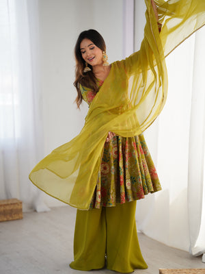 Designer Olive Green Floral Printed Peplum Kurti Sharara Set with Dupatta for Women | Festive & Party Wear by Jagraa