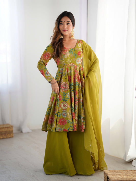 Designer Olive Green Floral Printed Peplum Kurti Sharara Set with Dupatta for Women | Festive & Party Wear by Jagraa