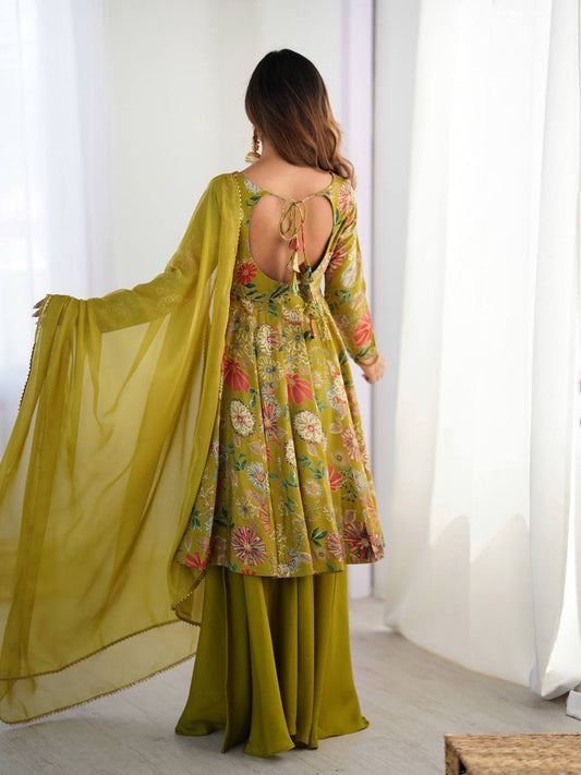 Designer Olive Green Floral Printed Peplum Kurti Sharara Set with Dupatta for Women | Festive & Party Wear by Jagraa