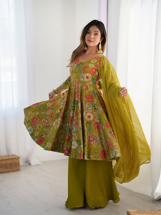 Designer Olive Green Floral Printed Peplum Kurti Sharara Set with Dupatta for Women | Festive & Party Wear by Jagraa