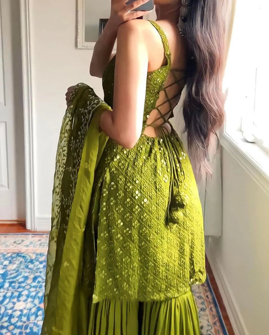 Olive Green Mirror Work Sharara Suit for Women | Designer Party Wear by Jagraa