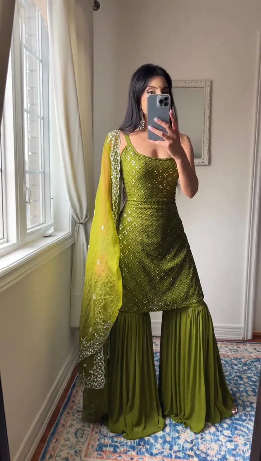 Olive Green Mirror Work Sharara Suit for Women | Designer Party Wear by Jagraa