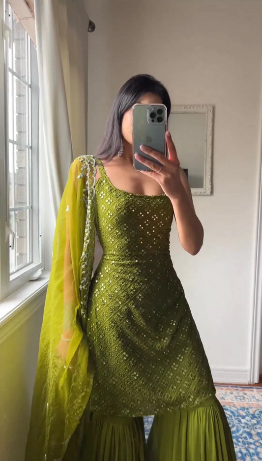 Olive Green Mirror Work Sharara Suit for Women | Designer Party Wear by Jagraa
