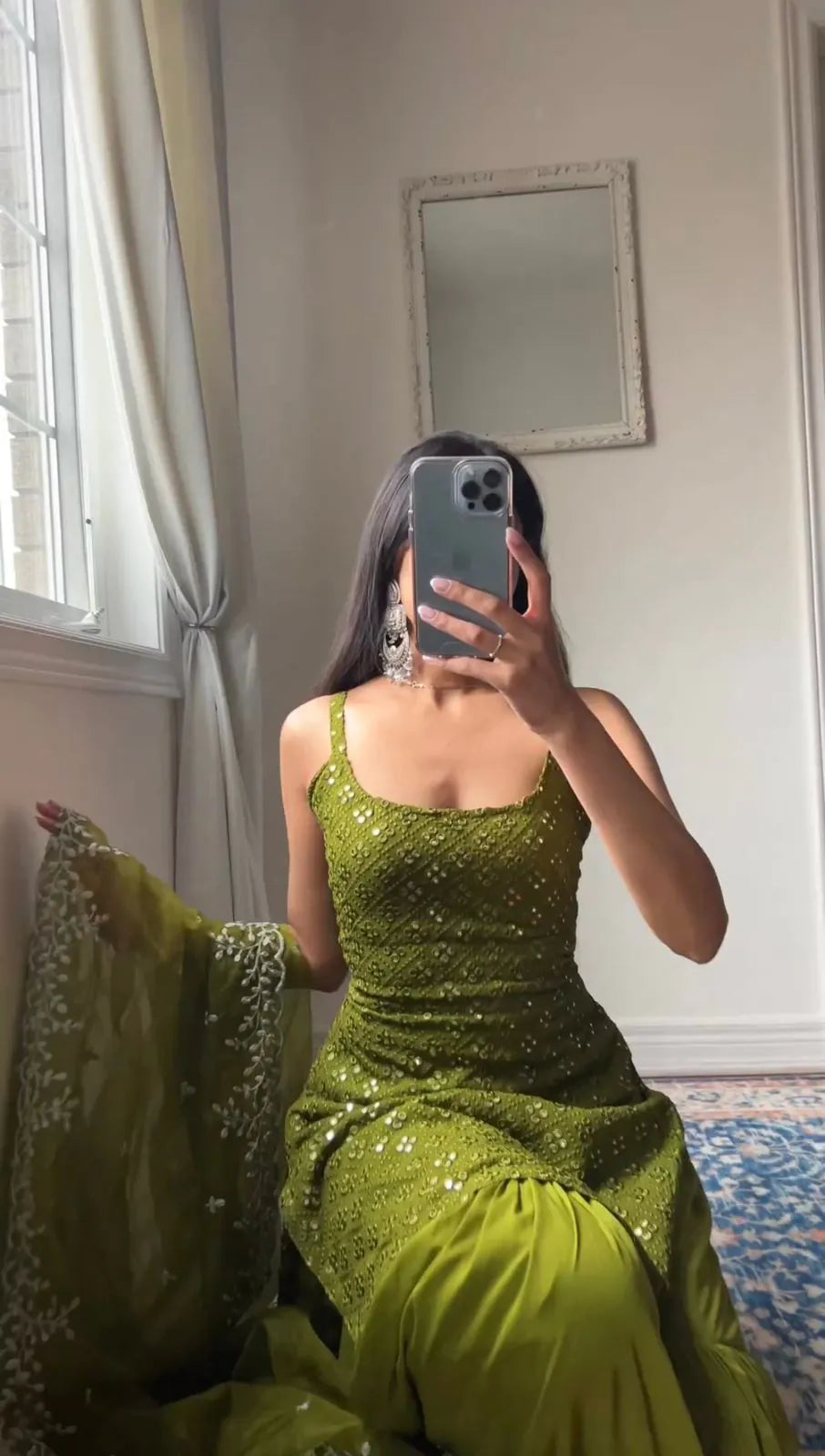 Olive Green Mirror Work Sharara Suit for Women | Designer Party Wear by Jagraa