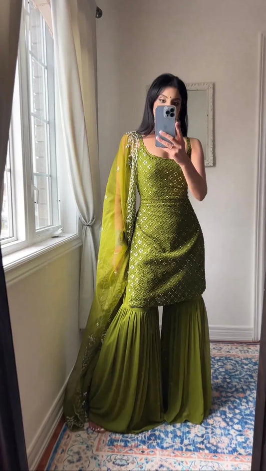 Olive Green Mirror Work Sharara Suit for Women | Designer Party Wear by Jagraa