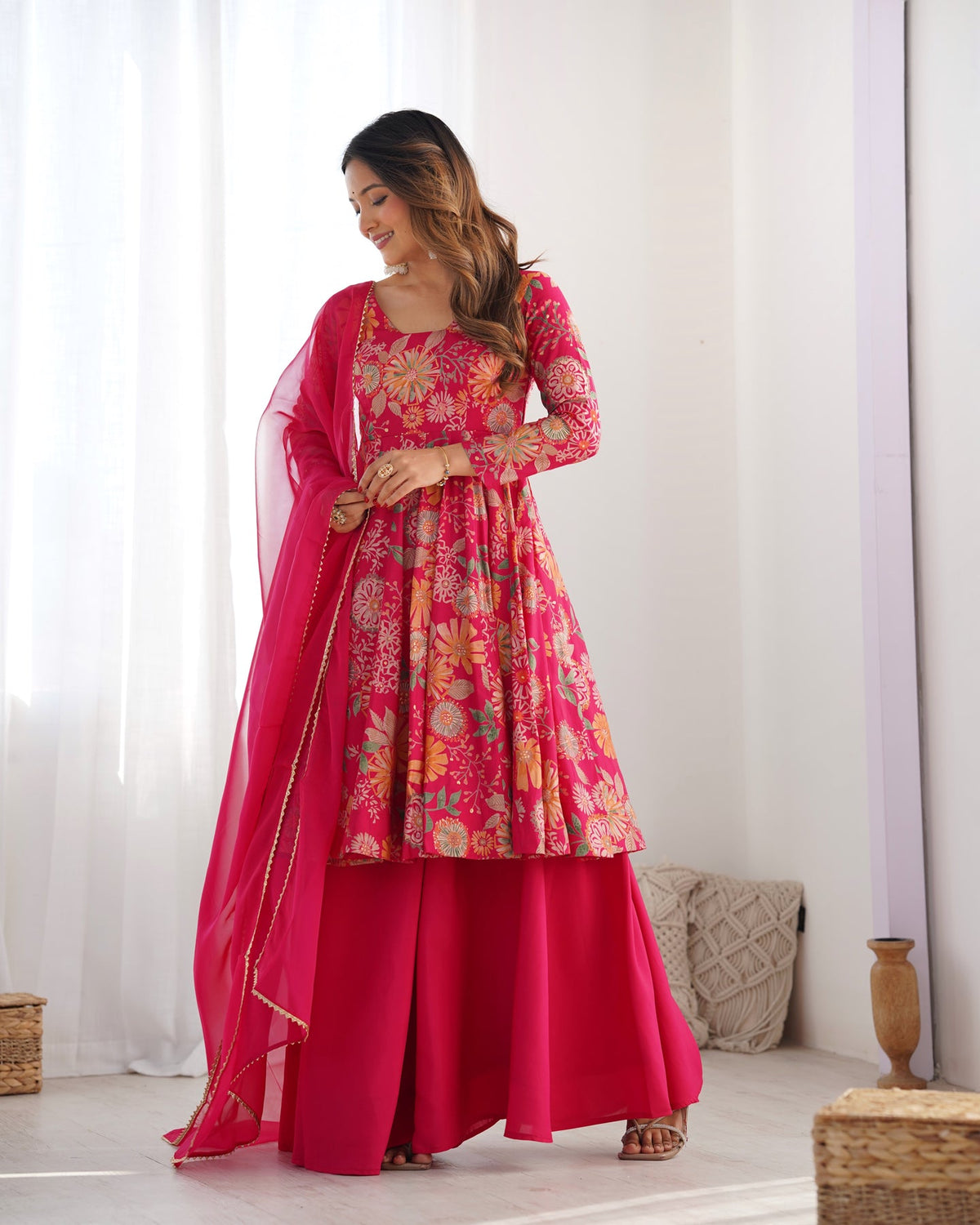Designer Pink Floral Printed Peplum Kurti Sharara Set with Dupatta for Women | Festive & Party Wear by Jagraa
