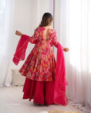 Designer Pink Floral Printed Peplum Kurti Sharara Set with Dupatta for Women | Festive & Party Wear by Jagraa