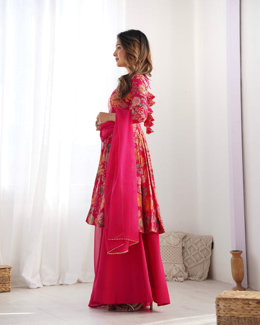 Designer Pink Floral Printed Peplum Kurti Sharara Set with Dupatta for Women | Festive & Party Wear by Jagraa