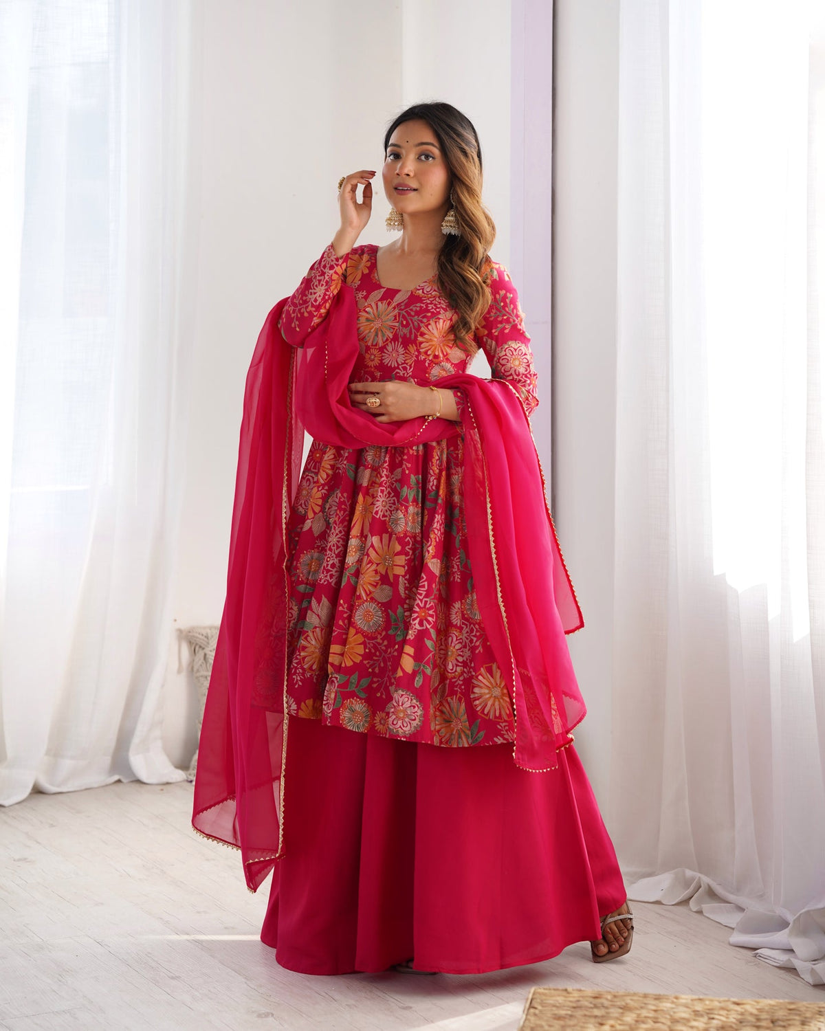 Designer Pink Floral Printed Peplum Kurti Sharara Set with Dupatta for Women | Festive & Party Wear by Jagraa