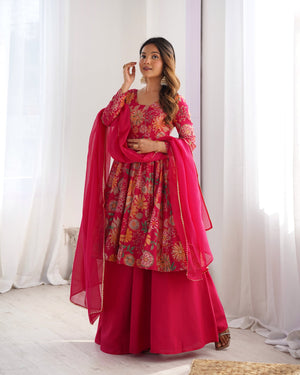 Designer Pink Floral Printed Peplum Kurti Sharara Set with Dupatta for Women | Festive & Party Wear by Jagraa