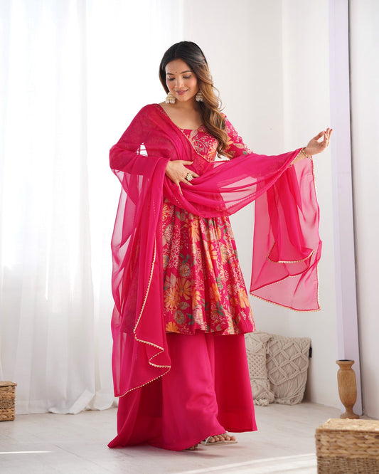 Designer Pink Floral Printed Peplum Kurti Sharara Set with Dupatta for Women | Festive & Party Wear by Jagraa