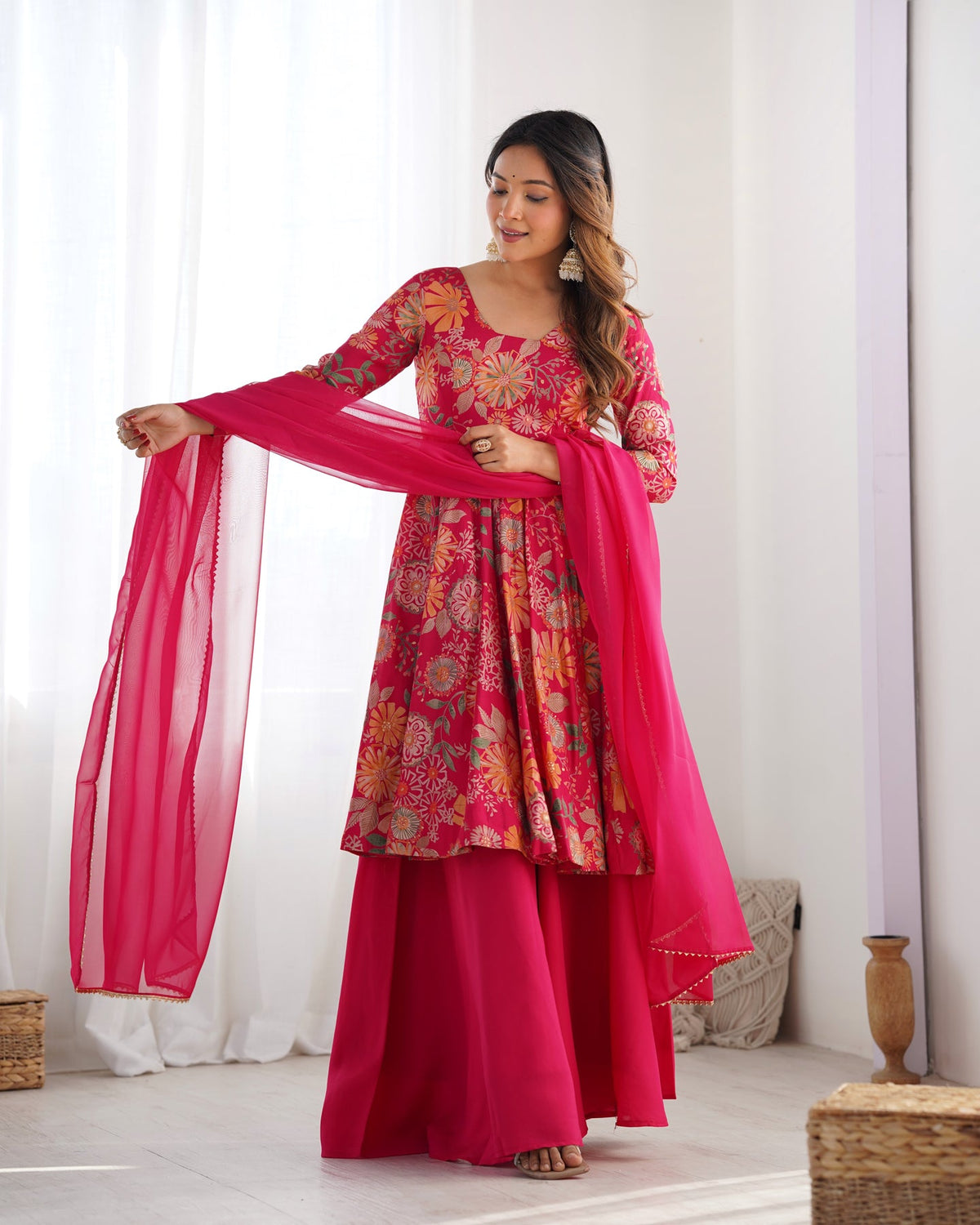 Designer Pink Floral Printed Peplum Kurti Sharara Set with Dupatta for Women | Festive & Party Wear by Jagraa