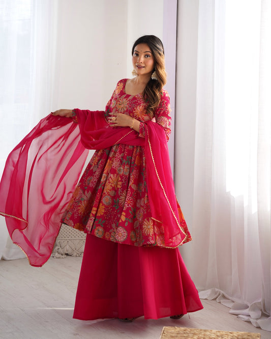 Designer Pink Floral Printed Peplum Kurti Sharara Set with Dupatta for Women | Festive & Party Wear by Jagraa