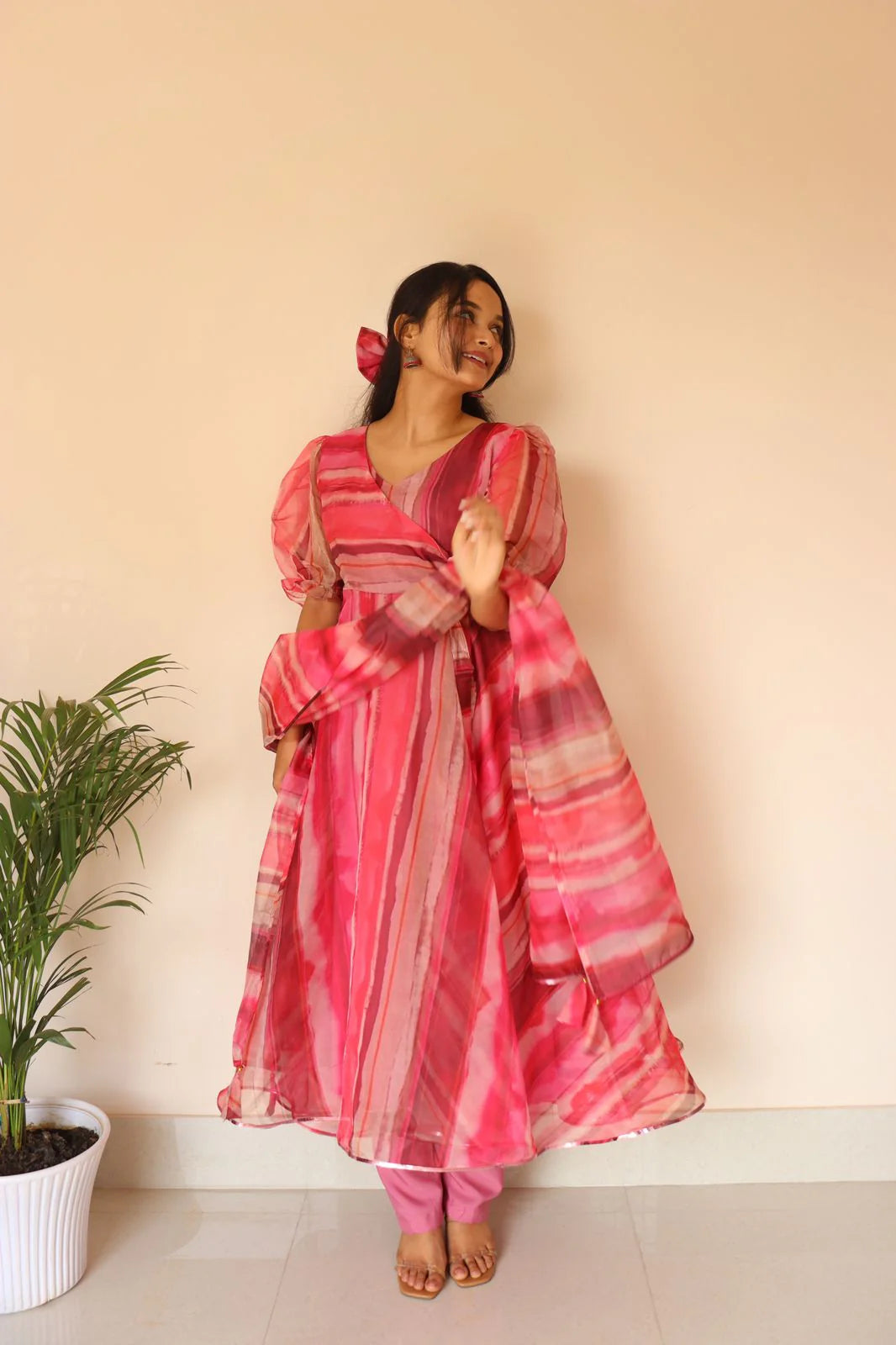 Pink Printed Organza Anarkali Suit for Women Trendy Designer Ethnic Wear by Jagraa