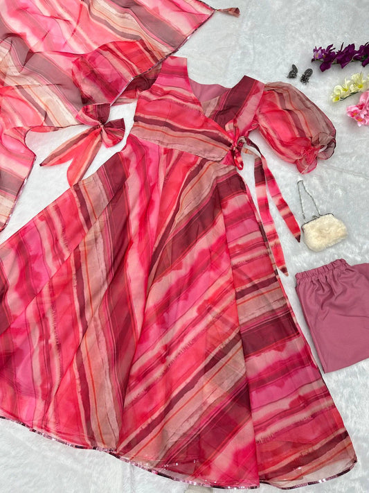 Pink Printed Organza Anarkali Suit for Women Trendy Designer Ethnic Wear by Jagraa