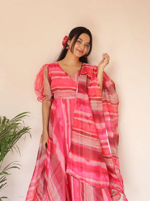 Pink Printed Organza Anarkali Suit for Women Trendy Designer Ethnic Wear by Jagraa