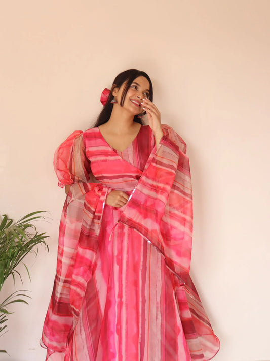 Pink Printed Organza Anarkali Suit for Women Trendy Designer Ethnic Wear by Jagraa