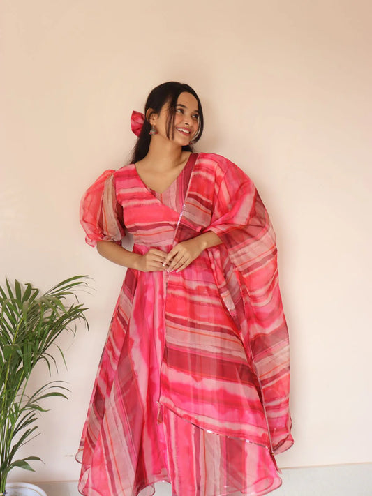 Pink Printed Organza Anarkali Suit for Women Trendy Designer Ethnic Wear by Jagraa