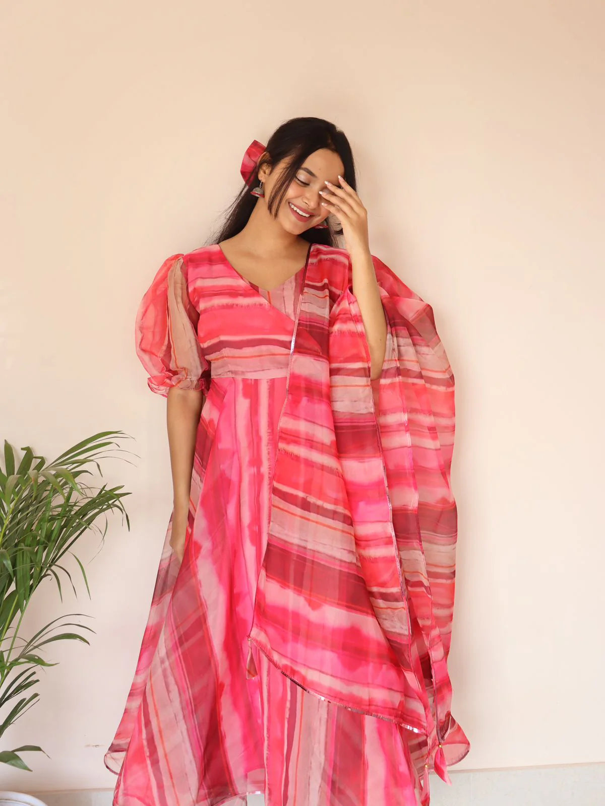 Pink Printed Organza Anarkali Suit for Women Trendy Designer Ethnic Wear by Jagraa