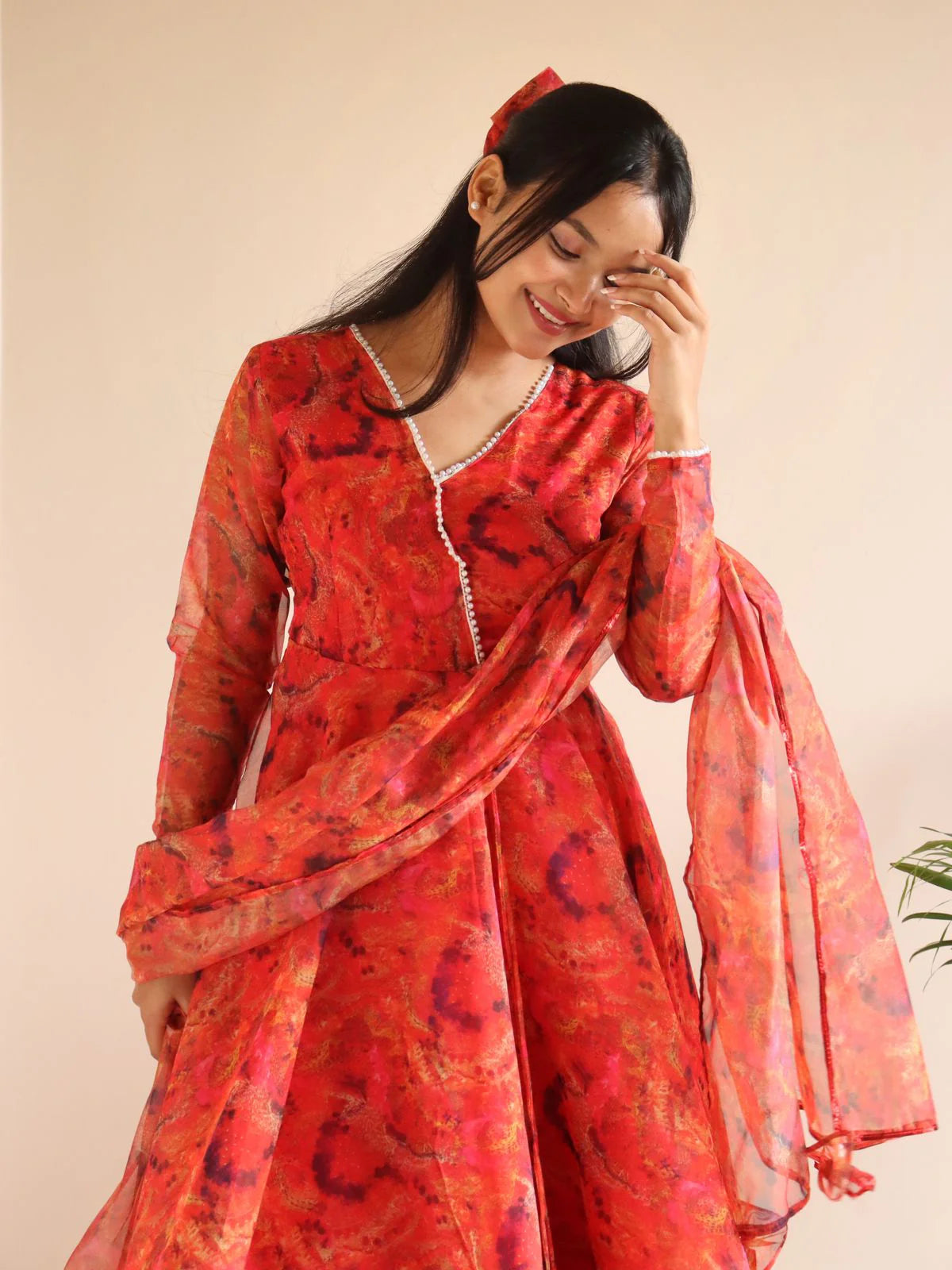Red Printed Organza Anarkali Suit for Women Designer Festive Ethnic Wear by Jagraa