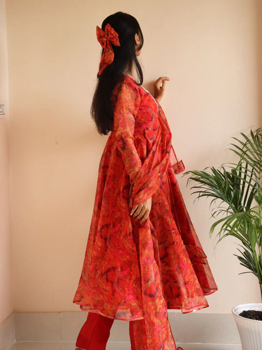 Red Printed Organza Anarkali Suit for Women Designer Festive Ethnic Wear by Jagraa