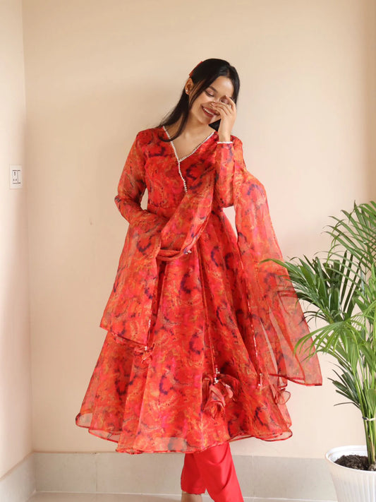 Red Printed Organza Anarkali Suit for Women Designer Festive Ethnic Wear by Jagraa