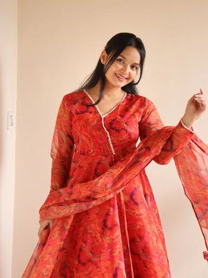 Red Printed Organza Anarkali Suit for Women Designer Festive Ethnic Wear by Jagraa