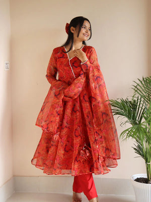 Red Printed Organza Anarkali Suit for Women Designer Festive Ethnic Wear by Jagraa