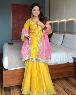 Designer Yellow Sharara Set with Pink Dupatta for Women | Haldi & Festive Wear by Jagraa