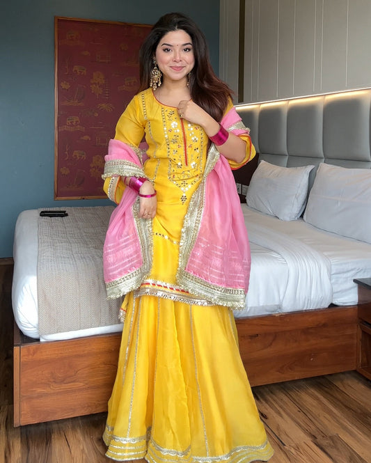 Designer Yellow Sharara Set with Pink Dupatta for Women | Haldi & Festive Wear by Jagraa