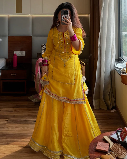 Designer Yellow Sharara Set with Pink Dupatta for Women | Haldi & Festive Wear by Jagraa