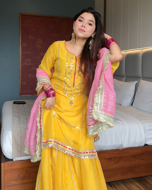 Designer Yellow Sharara Set with Pink Dupatta for Women | Haldi & Festive Wear by Jagraa