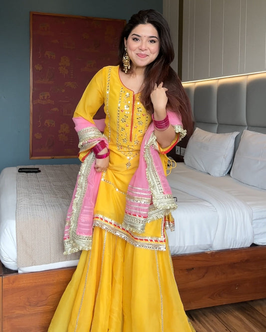 Designer Yellow Sharara Set with Pink Dupatta for Women | Haldi & Festive Wear by Jagraa