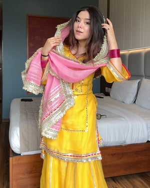 Designer Yellow Sharara Set with Pink Dupatta for Women | Haldi & Festive Wear by Jagraa