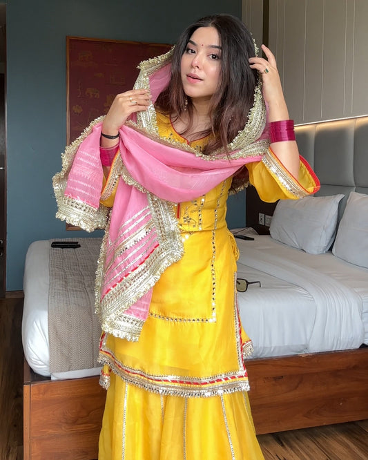 Designer Yellow Sharara Set with Pink Dupatta for Women | Haldi & Festive Wear by Jagraa