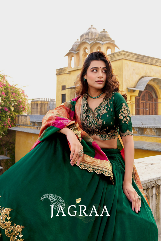 Jagraa Vichitra Silk Sequins & Thread Embroidered Lehenga Choli Set with Dupatta