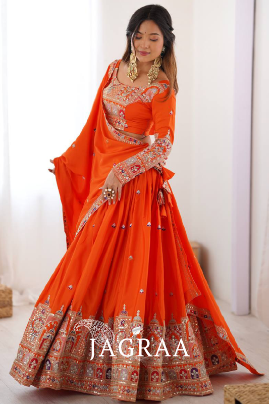 Latest Silk Sequence Embroidery Work Orange Lehenga Choli With Dupatta