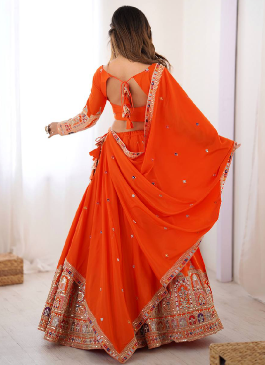 Latest Silk Sequence Embroidery Work Orange Lehenga Choli With Dupatta
