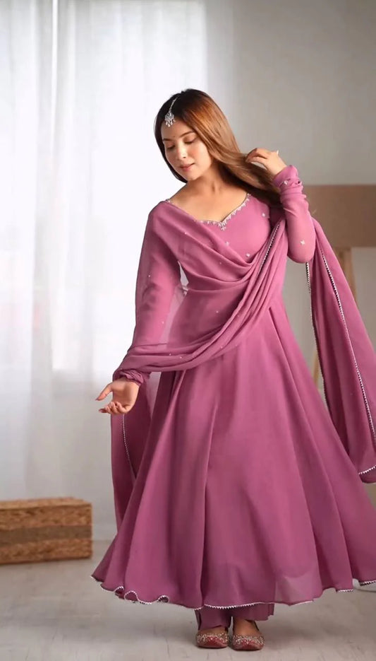 Mauve Flared Anarkali Suit Set with Dupatta for Women Elegant Party Wear by Jagraa
