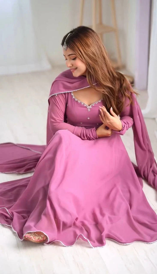 Mauve Flared Anarkali Suit Set with Dupatta for Women Elegant Party Wear by Jagraa