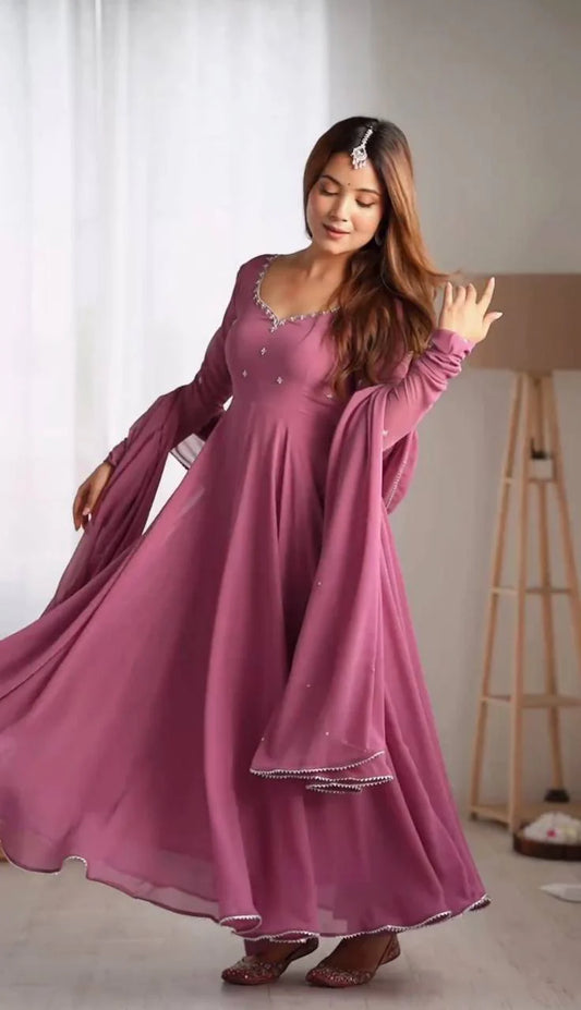 Mauve Flared Anarkali Suit Set with Dupatta for Women Elegant Party Wear by Jagraa