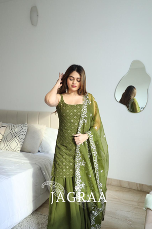 Mehndi Outfit Green Kurta And Sharara Suit with Dupatta For Mehndi Ceremony