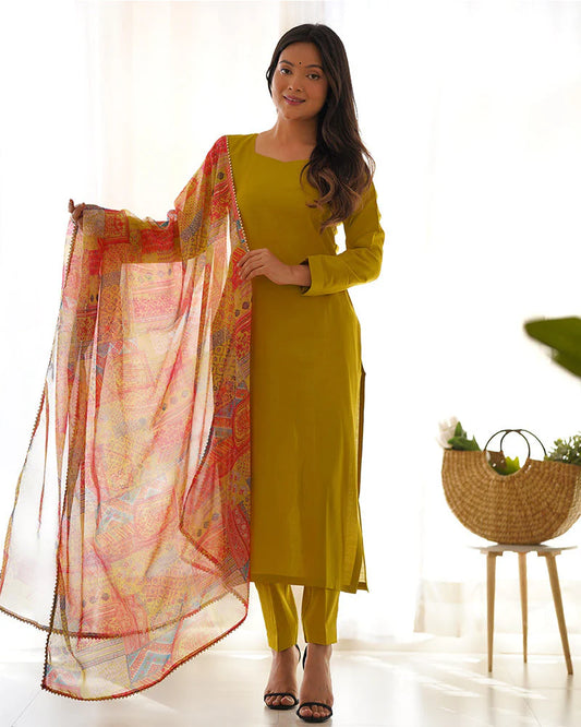 Mustard Straight Kurta Pant Set with Printed Dupatta for Women | Elegant Ethnic Wear by Jagraa