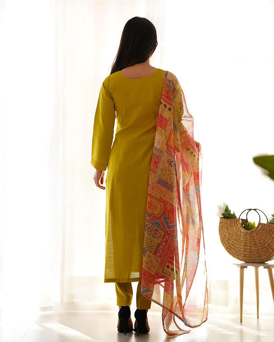 Mustard Straight Kurta Pant Set with Printed Dupatta for Women | Elegant Ethnic Wear by Jagraa