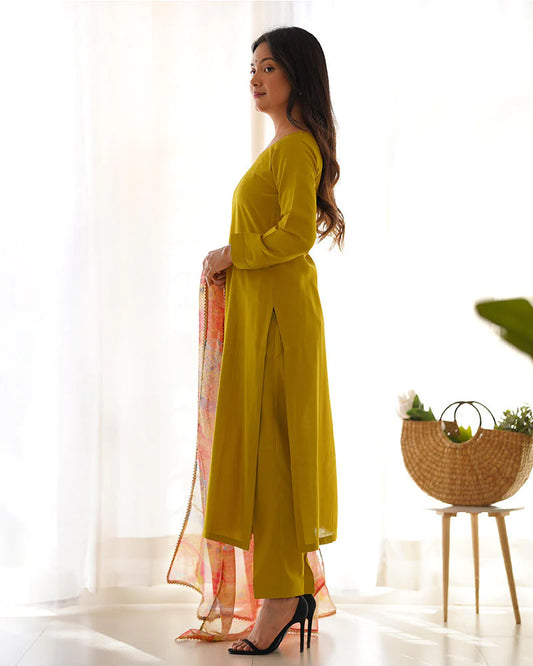 Mustard Straight Kurta Pant Set with Printed Dupatta for Women | Elegant Ethnic Wear by Jagraa