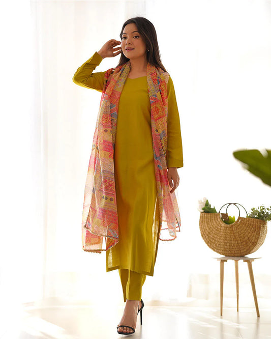 Mustard Straight Kurta Pant Set with Printed Dupatta for Women | Elegant Ethnic Wear by Jagraa