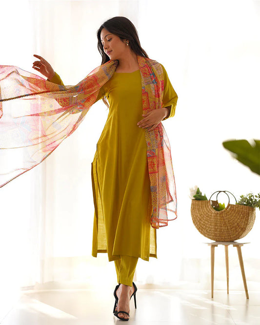 Mustard Straight Kurta Pant Set with Printed Dupatta for Women | Elegant Ethnic Wear by Jagraa